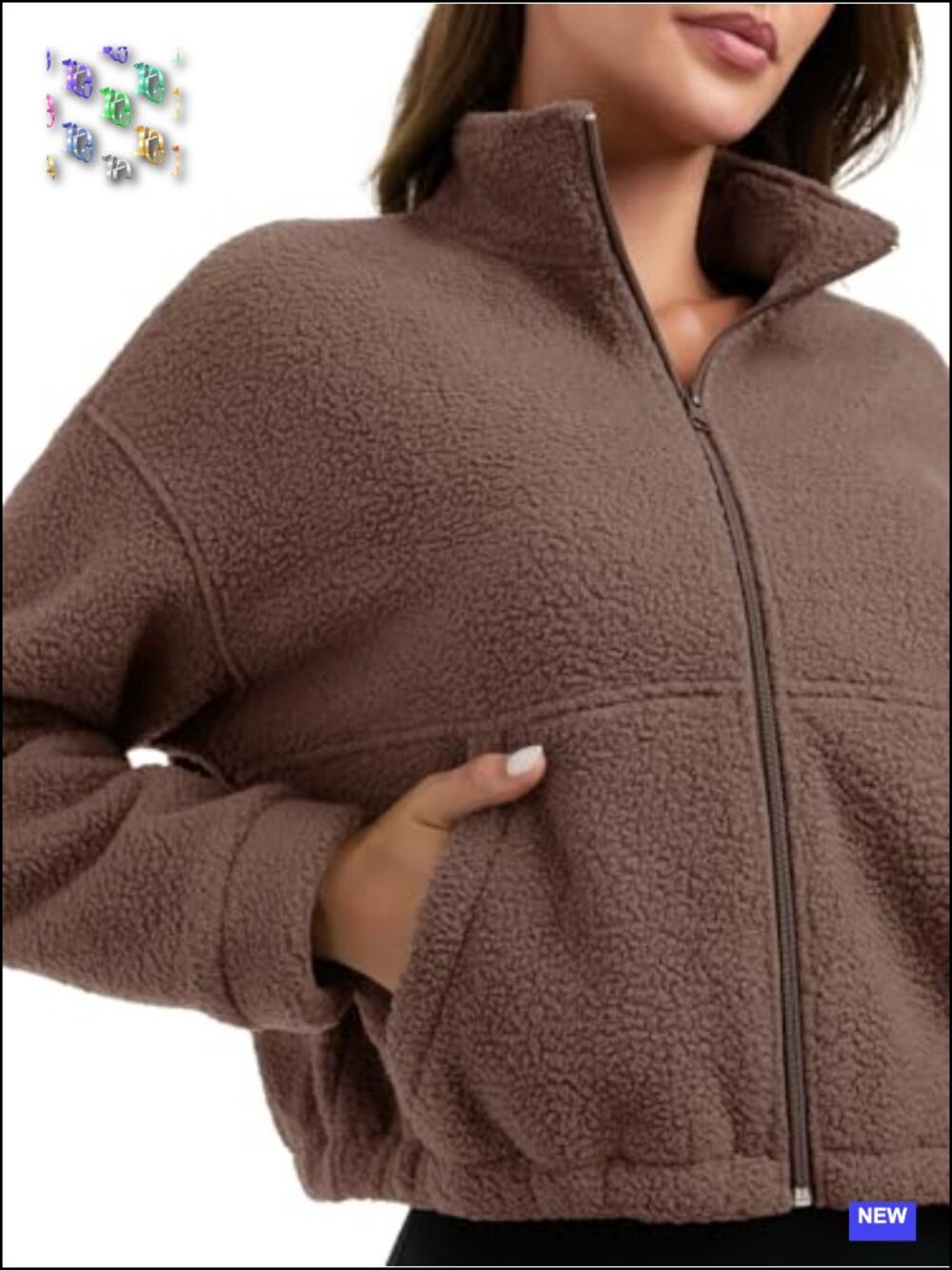 Fleece Sherpa Zip Up Cropped Jacket Coat - Picture 4 of 6